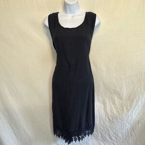 D-40 Rosemarie Black 100% Linen‎ Lace Trim Sleeveless MIDI Summer Dress Size M